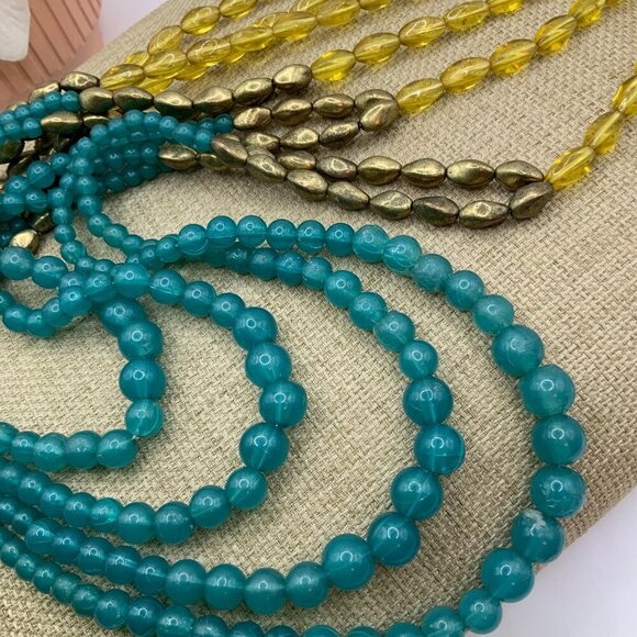 NRT (AVON) Vintage Multi Strands Yellow Gold Tone Blue Beaded Necklace - Picture 2 of 5